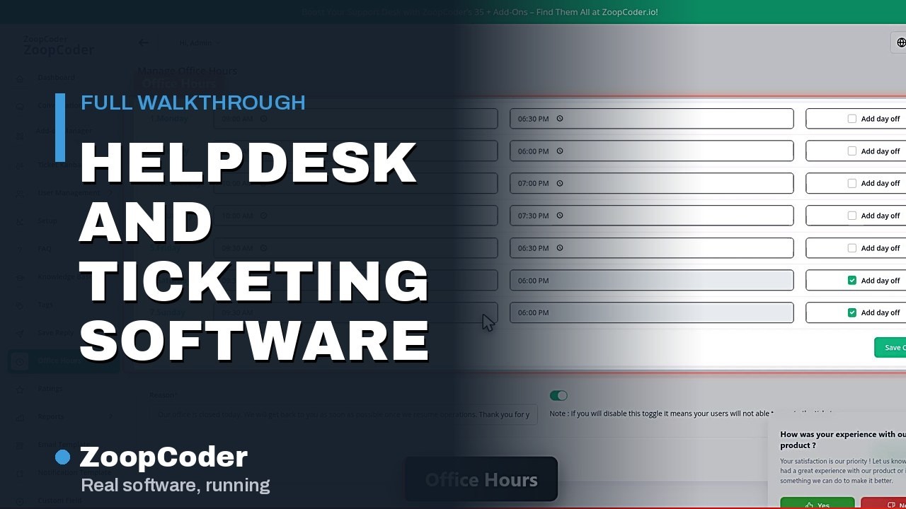 Opening frame of the demo: Helpdesk and Ticketing Software - 13-screen admin panel tour