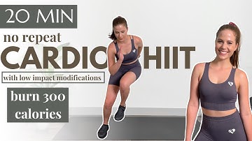 Burn 300 calories in this 20 Min Cardio HIIT Workout | No Repeat HIIT | Low Impact HIIT Mods Shown