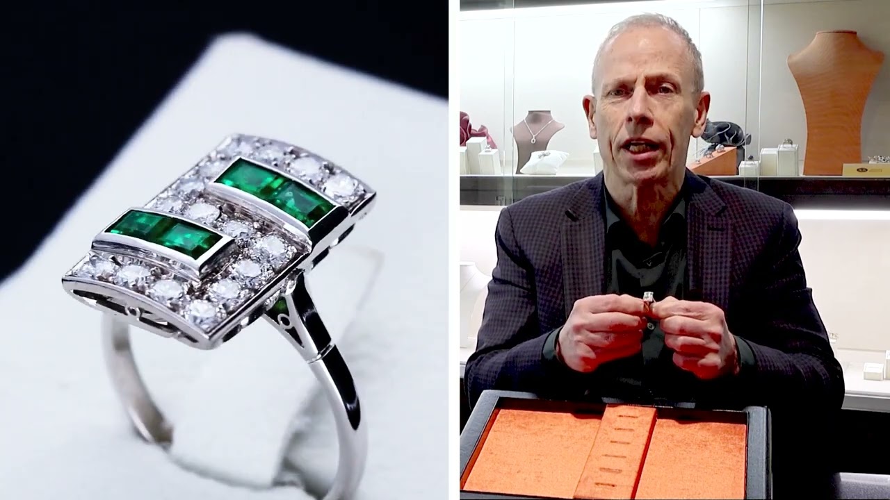 0.48ct Emerald and 1.12ct Diamond, Platinum Cocktail Ring - Art Deco - C7568