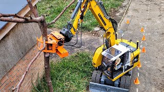 Storm, tree falling. Liebherr A918 with grapple saw, MAN palfinger, Scania Multilift, Arocs Sweeper