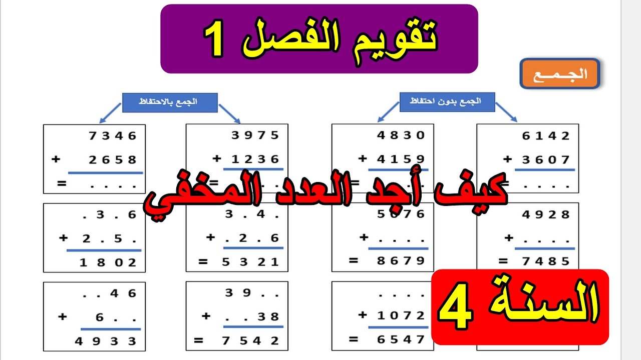 تقويم الفصل1 تمارين وتدريبات حول الجمع للسنة الرابعة