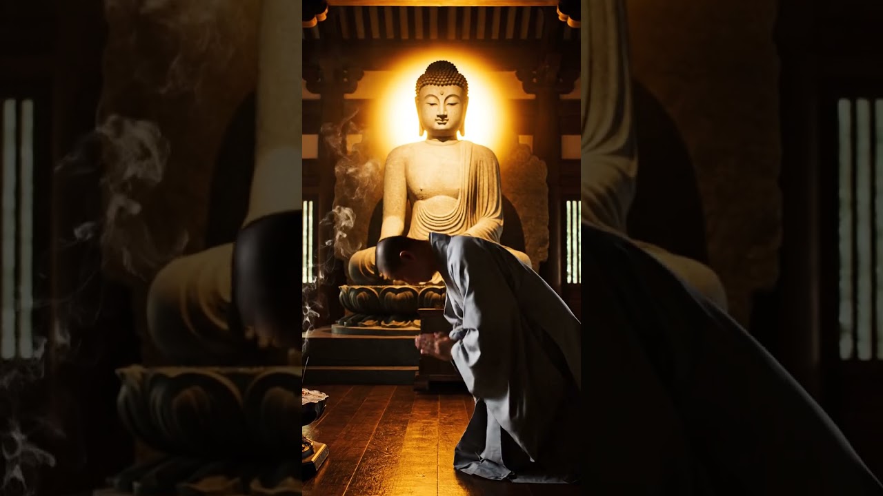 Sacred heavenly setting, monk bowing beneath glowing statue