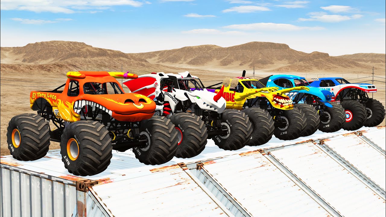 Big Monster Trucks Transport Triple Flatbed with Color Slide