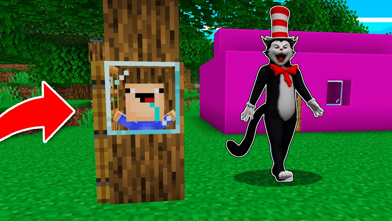 ¡ME ESCONDO DE CAT IN THE HAT DENTRO DE UN ARBOL! 😱😂 Bebé Noob EL ESCONDITE MINECRAFT