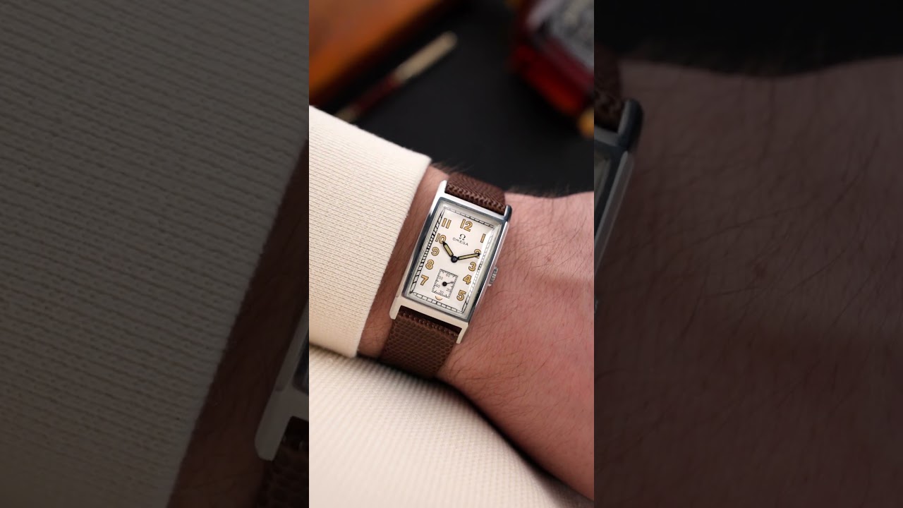 Omega Rectangular Tank, vintage Art Deco watch from the 1930s, Cal. T17 — pure old-school charm.