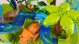 😃 Dinosaur Marble Run Course With Elevator ♡ Satisfying Building Block Coaster screenshot 3