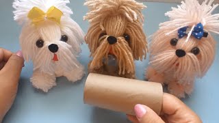 Cachorrinho feito com rolo de papel higiênico + lã