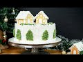 Gingerbread House Snow Village cake with Whipped Cream