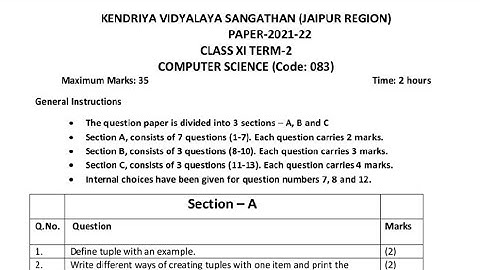 Class 11 Computer Science Final Exam Question Paper (2021 - 2022) | Term 2