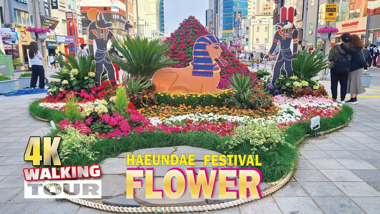 4K🇰🇷 WALKING TOUR🚶 해운대 ⚘️봄꽃 축제🌷 모래축제와 함께 불꽃쇼 Haeundae Spring Flower Festival fireworks BUSAN KOREA