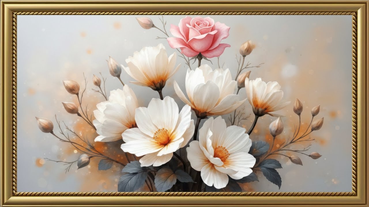 Blooming Elegance - White and Gold Floral Art with Subtle Animation | 4K Screensaver ✨🌸