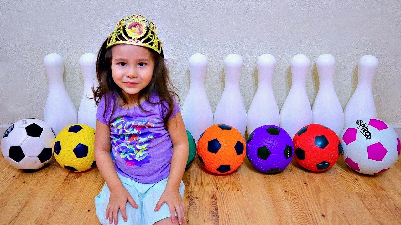 Learning Colors and Playing Giant Bowling Pin Toy with Soccer Ball for