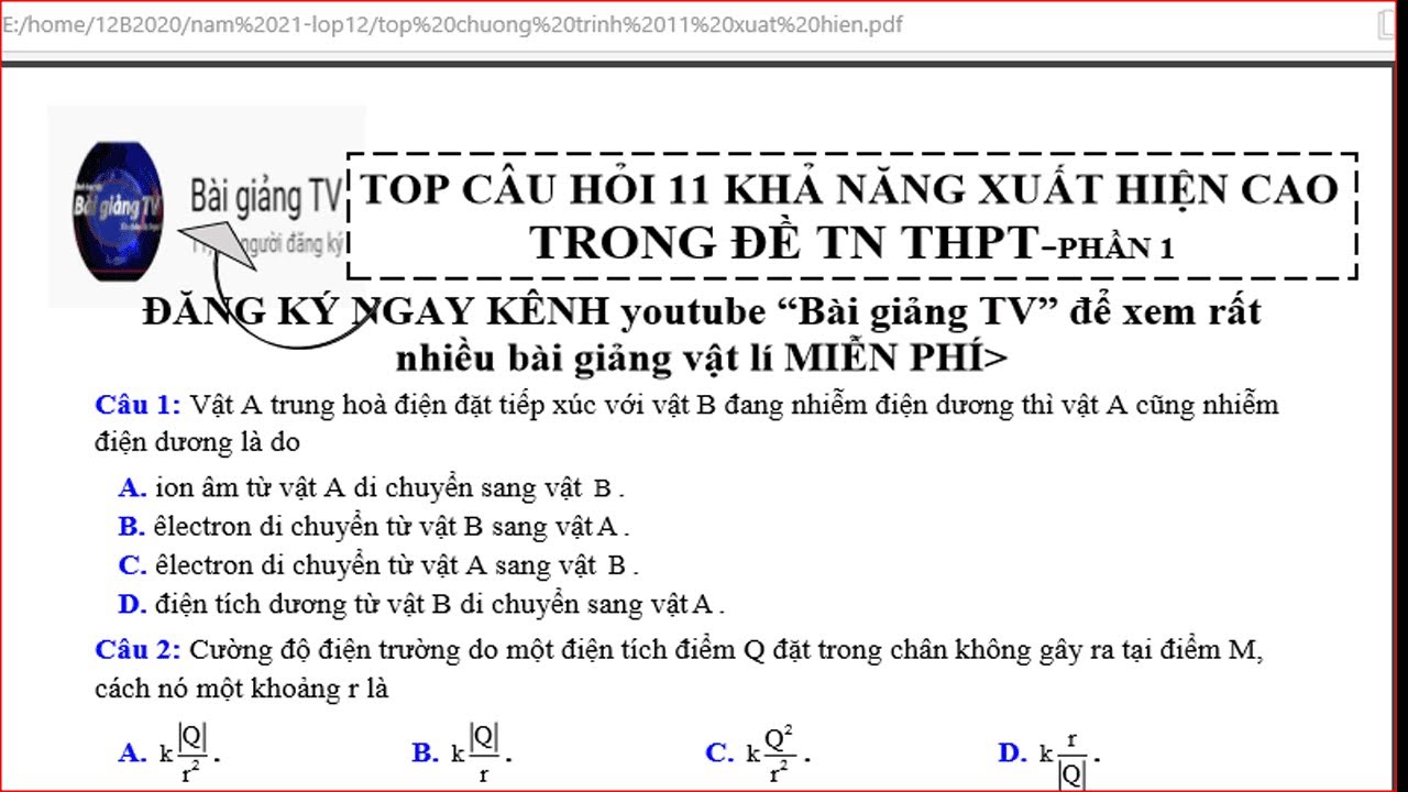 Top Các câu hỏi vật lí 11 thi TN THPT, vật lí 11 thi đại học-p1