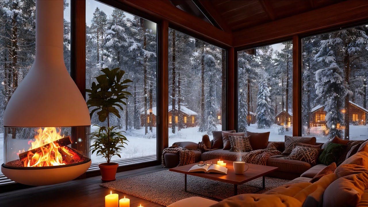 Smooth Jazz Escape in Snowy Cabin ❄️Snowstorm & Fireplace for Calm Focus and Sleep