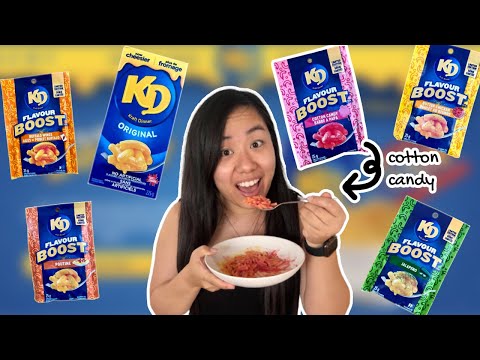 Americans try Canadian Kraft Dinner and Flavour Boosts! Cotton Candy, Poutine, Butter Chicken, etc
