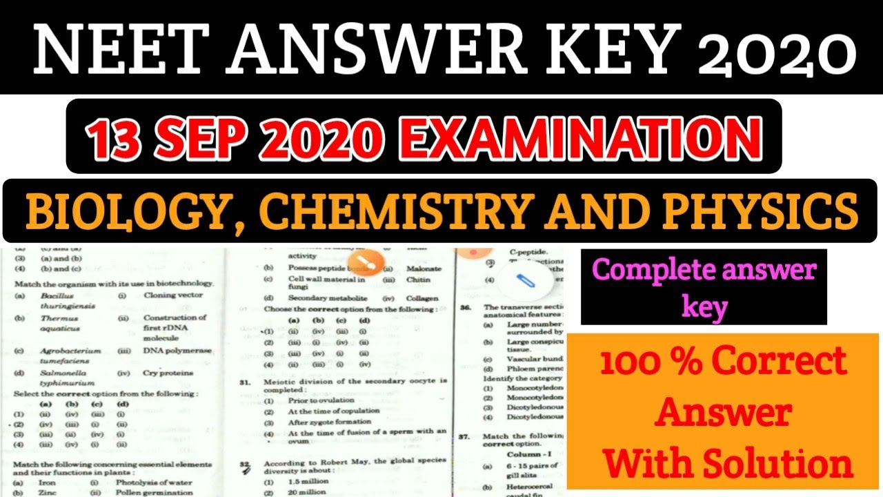 Complete Answer Key Neet 2020 / Complete Solution Neet 2020 / Biology/Chemistry/Physics Answer key