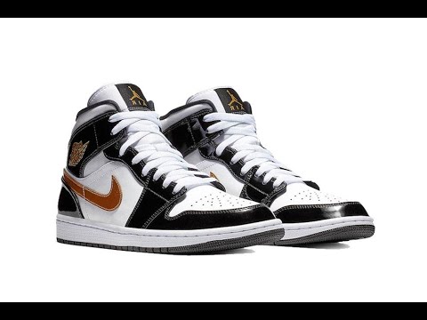 国内配送 NIKE AIR JORDAN 1 MID BLACK/MTLC GOLD-WHITE Jordan 1 MID SE Black Metallic Gold White + UNBOXING AND