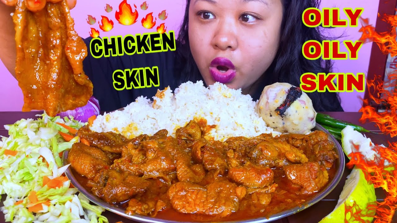 EXTREME OILY SPICY CHICKEN SKIN CURRY WITH RICE ALOO BHARTA & SALAD MUKBANG ASMR | CHICKEN MUKBANG