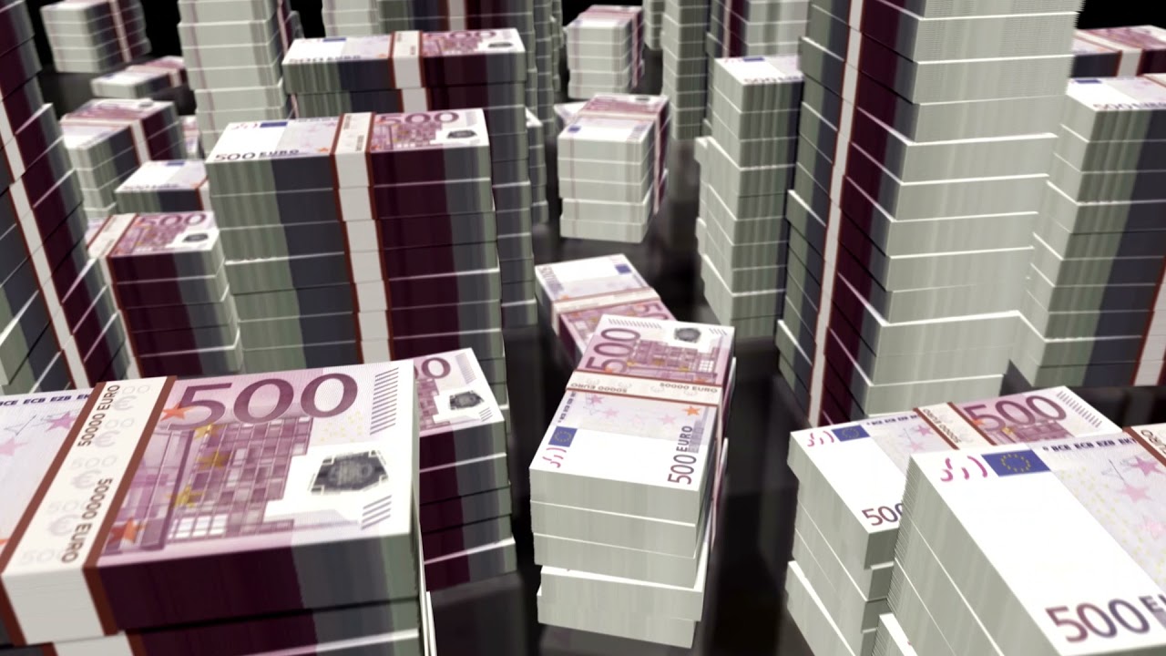  New Billions of Euros - Wealth Visualization - 3D Fly Over Billions Euros in Stacks of 500 Euros Bills.