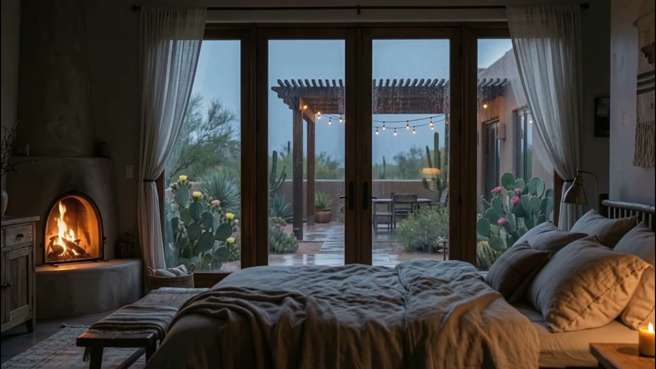 Sedona Pergola Afternoon Rain | Fireplace, Rain & Thunder Ambience | Relax or Focus (6 Hours)