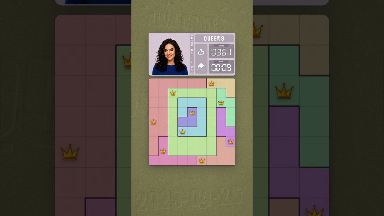 LinkedIn Queens #361 solved board for April 26, 2025, 9x9 grid