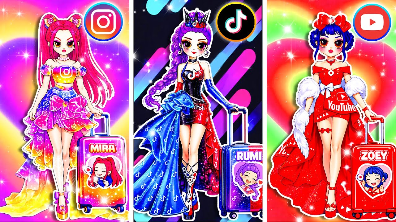 Social Media Fashion Glow Up for Rumi, Zoey & Mira: K-Pop Demon Hunters | DIY Fashion Paper Dolls