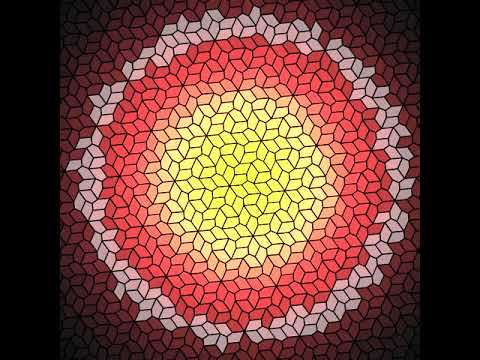 Heat transfer in a pentagonal tessellation
In each iteration, temperature of every cell is the average of temperatures of itself and its (five) neighbors in the previous iteration.
Thus, in the first iteration, the starting cell has temperature 1 and everything else has temperature 0; in the second iteration, the starting cell and all its neighbors have temperature 1/6; and so on.
The tessellation defines a distance which is different than the Euclidean norm   if you examine what is the shape of the set of cells which can be reached in at most N steps, you get a polygon (here, a hexagon).
However, heat spreads in perfect Euclidean circles (on a sufficiently symmetric tiling), according to the Gaussian distribution. (It would be different for a tiling of the hyperbolic plane.)
Featuring the tessellation by Marjorie Rice, see: https://www.tandfonline.com/doi/full/10.1080/17513472.2018.1453740
Made with the HyperRogue engine.  Heat transfer in a pentagonal tessellation
