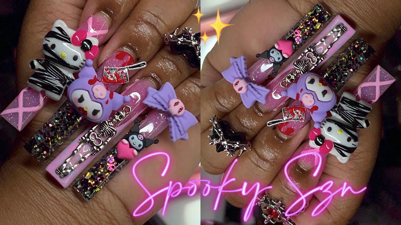 KUROMI X HALLOWEEN CHARM NAILS 💜🩷🖤🔪🩸| FULL NAIL TUTORIAL ✨ + Q&A