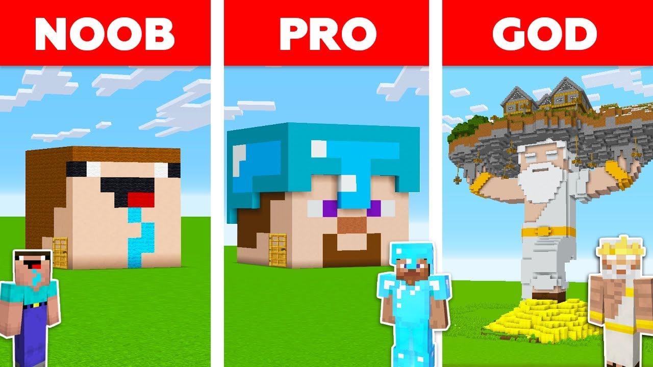 Minecraft Battle Noob Vs Pro Vs God Head Block House In Minecraft Animation Youtube - noob and pro roblox minecraft skin