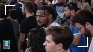 Bronny James HUGS his GF while waiting in line for Team USA vs. Brazil at Paris 2024 Olympics