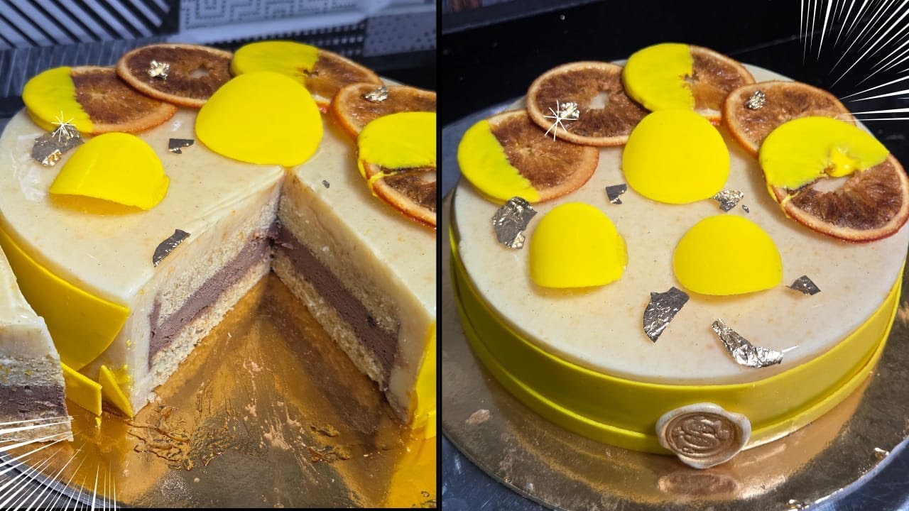 تورته جاكوند البرتقال مع موس الشوكولاته البيضاء والحمضيات