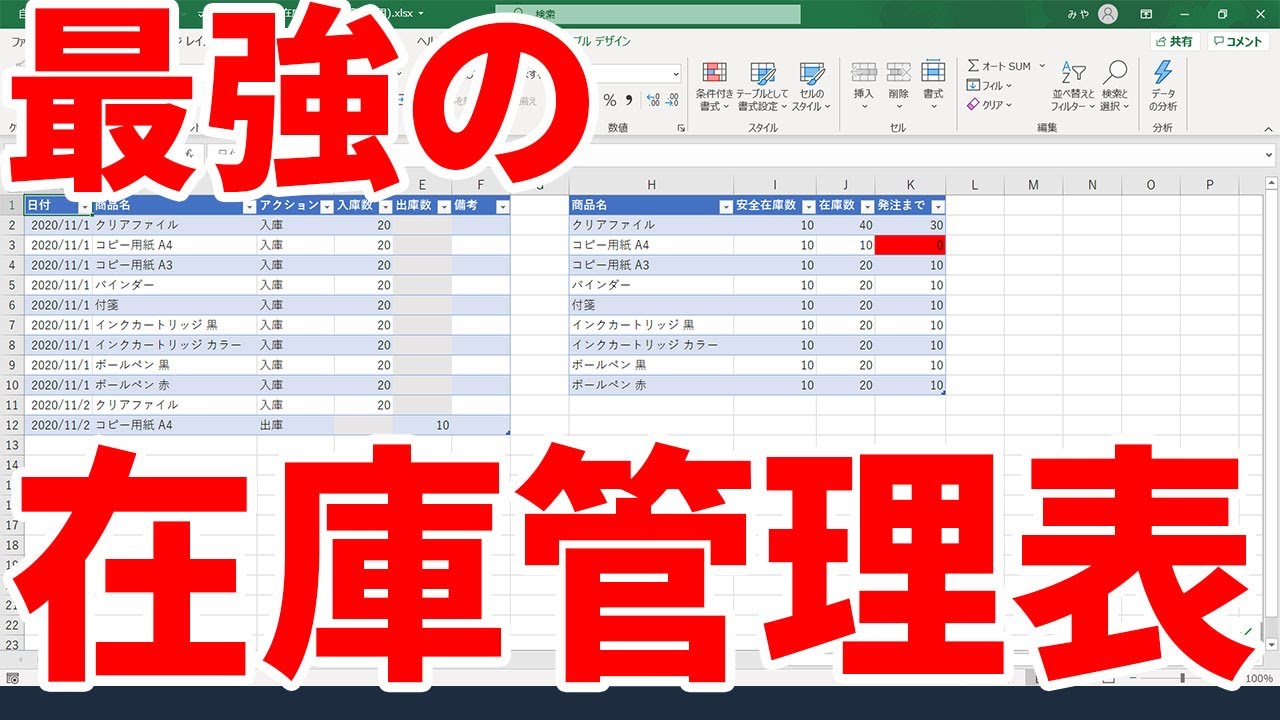 自動化excel 在庫管理表を作成して 安全在庫数を保つ方法 Youtube