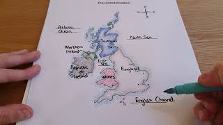 Location of countries in the United Kingdom, oceans and seas and capital cities. Geography teaching