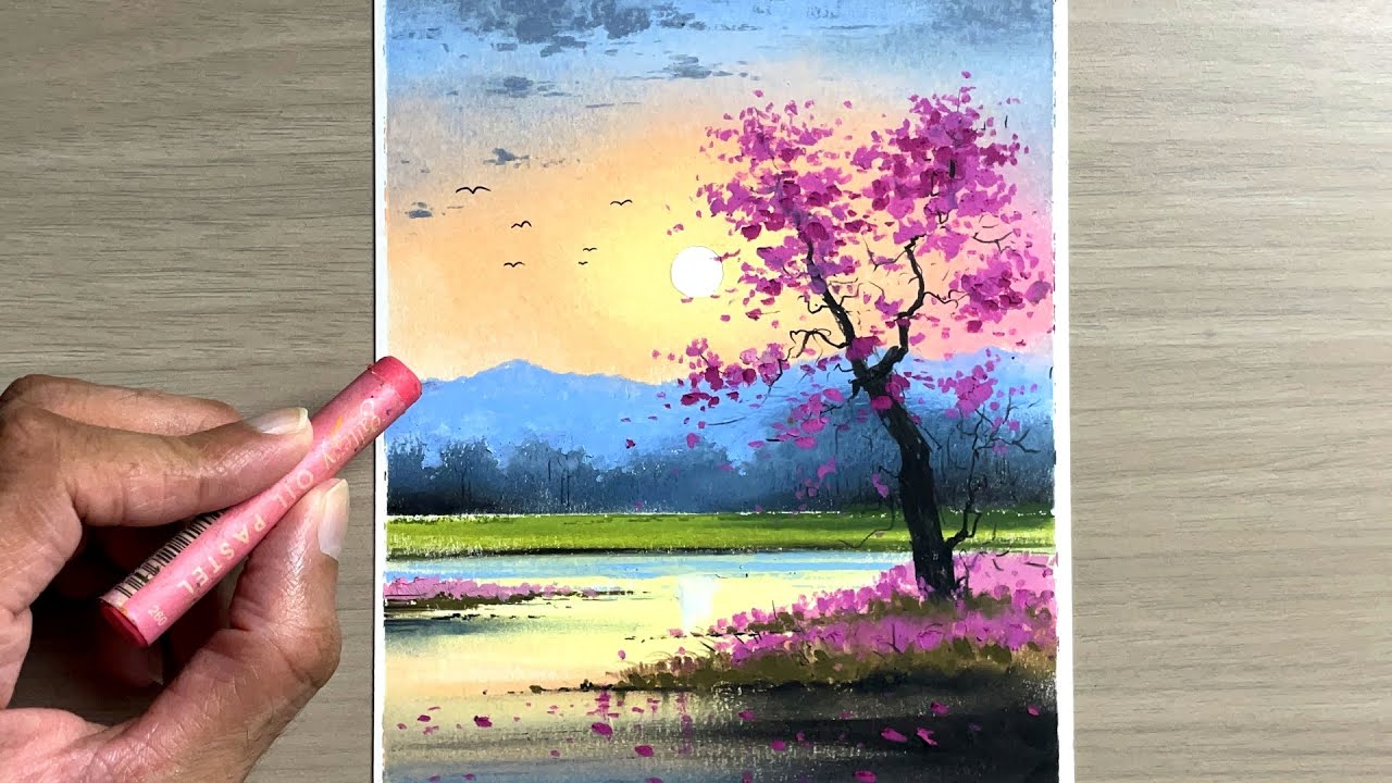 Beautiful cherry blossom tree | oil pastel painting - YouTube