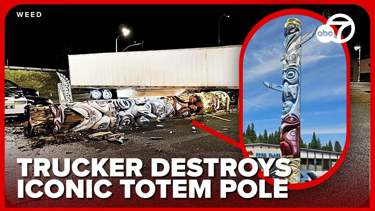 Знаменитый тотемный столб в городе Уид, штат Калифорния, сбит водителем грузовика.
