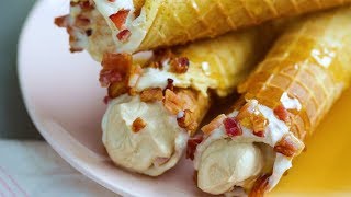 1. bacon and mashed potato garlic knots: https://taste.md/30d9ugj 2.
pancake breakfast taco: https://taste.md/2o3qee9 3. bacon-coated
waffle cannoli wi...