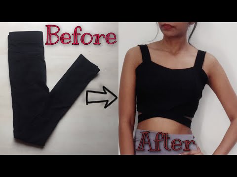 DIY sweetheart neckline crisscross waist striped black crop top from old jeggings | #OGG