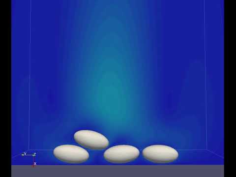 Sedimentation of spheroid particles in a channel (lattice Boltzmann simulation)