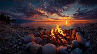 Soothing Bonfire at Golden Sunset by the Lake | Relaxing Fire Sounds with Piano Music