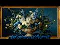 4K White Roses &Royal Blue Flowers Oil Painting | Still Life Floral | Framed TV Art | TV Screensaver