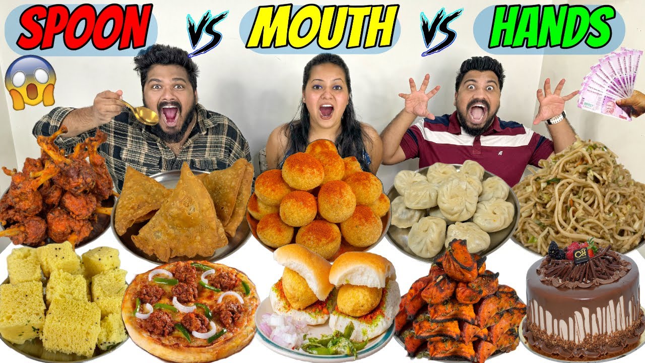 Spoon Vs Mouth Vs Hand Food Challenge😱Momos,Samosa,Chowmein,Cake,Vadapav,Maaza,Pizza,Burger🔥