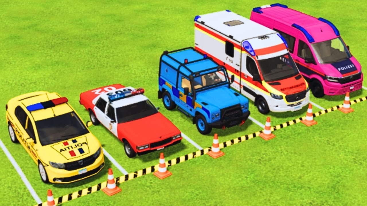 TRANSPORTING POLICE CARS, DACIA, CHEVY, JEEP, AMBULANCE, EMERGENCY COLORFUL CARS WITH TRUCKS FS22