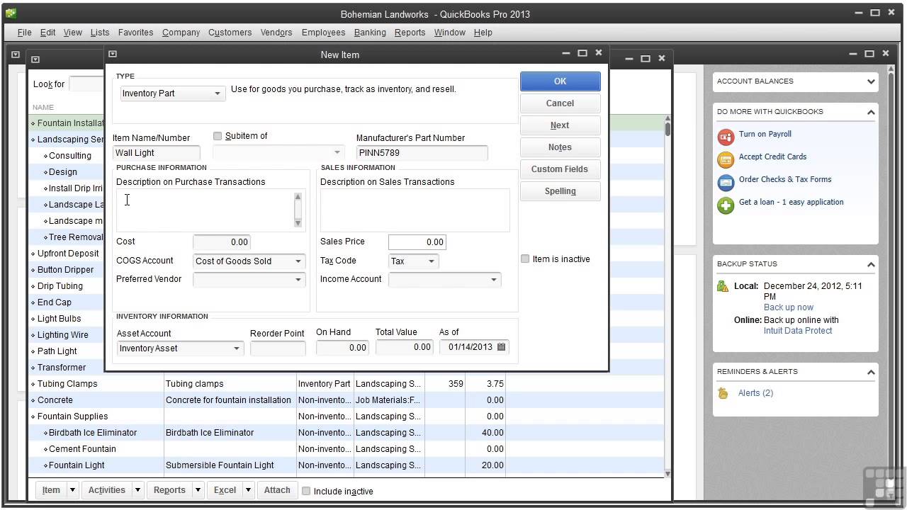 QuickBooks 2013 Tutorial | Adding Items For Inventory ...