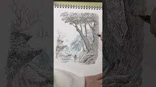 Fountain Pen Drawing | Mountain Landscape with Ancient Tree — Step-by-Step Guide  #painting #drawing
