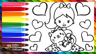 Drawing and Coloring a Girl with a Kitten 👧🐱🌈 Drawings for Kids