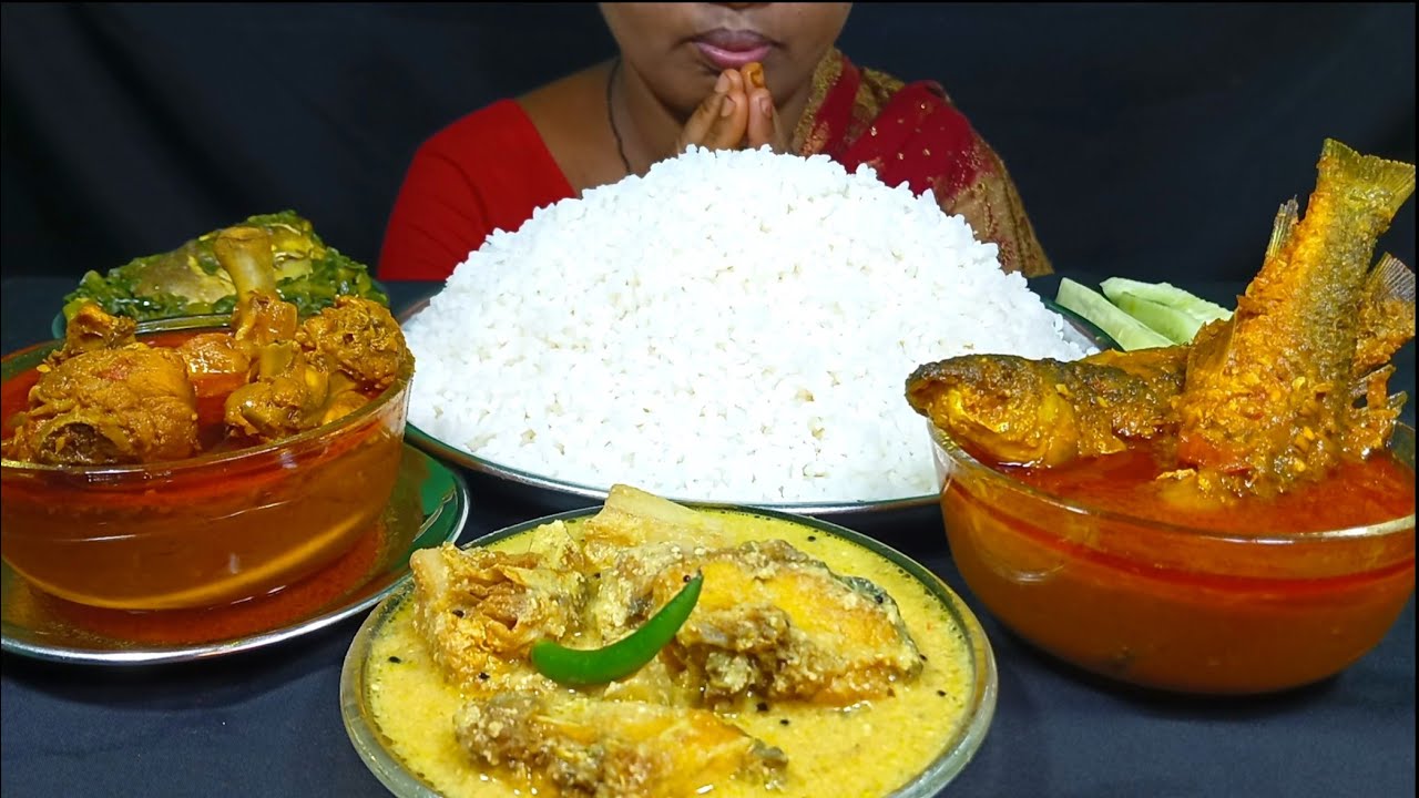 EATING SPICY🔥 CHICKEN CURRY, FISH CURRY, ALOO MACHER DOI POSTU,PUYER MACHER MATHA KONTO,EATING SHOW