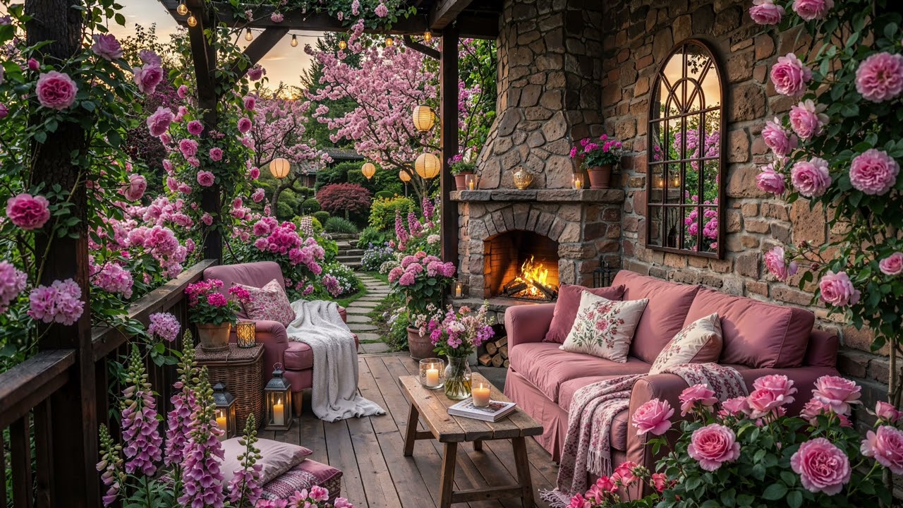 Rose Garden Veranda Evening 🌸🔥 Cozy Fireplace Ambience for Relaxation, Reading & Sleep