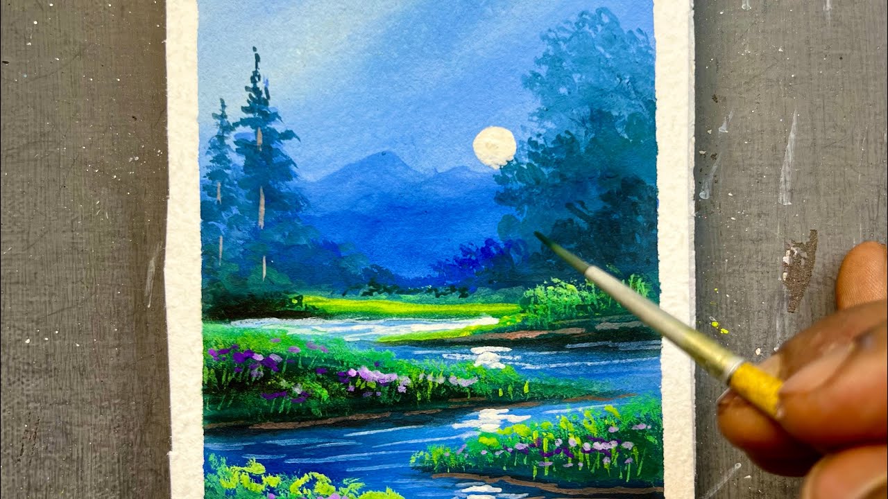 Easy Night Scenery Painting | River, Mountains & Moonlight