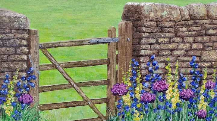 Stone Wall with Gate & Wildflowers Acrylic Paintin...