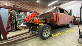 55 Gasser Engine/Trans Test Fit and BigBlock First Start!